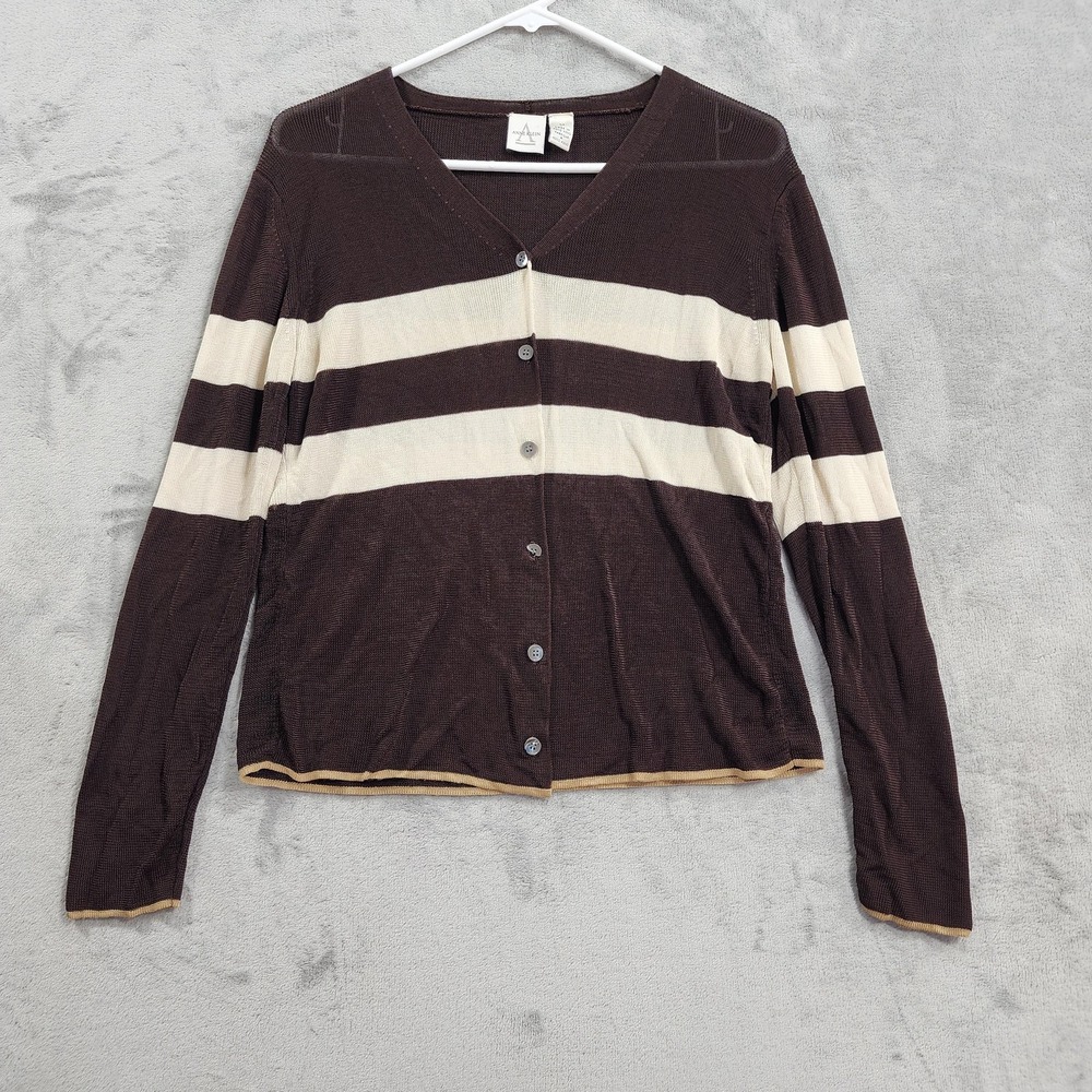Vintage Anne Klein Cardigan Sweater Womens M Brown Striped V-Neck Rayon Preppy